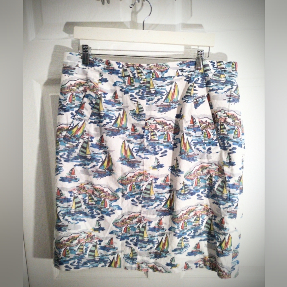 Nine West Skirt Size 16 Sailboat Art Print Linen Blend Pockets Lined Pencil Midi